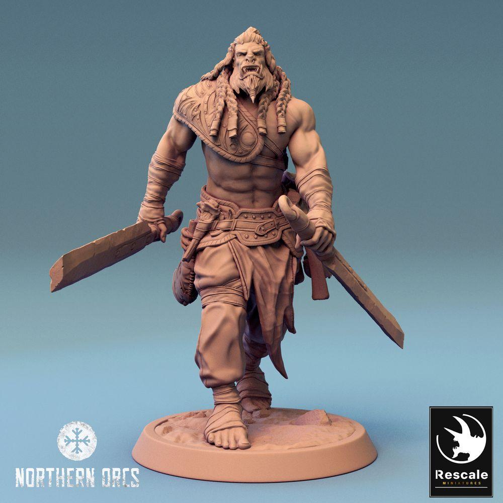 Photo de produit Tabletop 28mm Lord of the Print (LotP) 0 : Miniature de Tabletop : Guerrier Ork, Berserker avec deux lames, combattant à deux épées, guerrier tribal (24_04_J2)