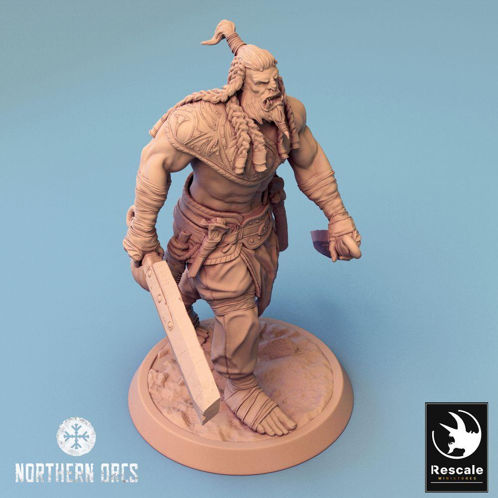 Photo produit Tabletop 28mm Lord of the Print (LotP) 0 : Miniature Tabletop : Guerrier Ork, Berserker avec deux lames, combattant à deux épées, guerrier tribal (24_04_J2)