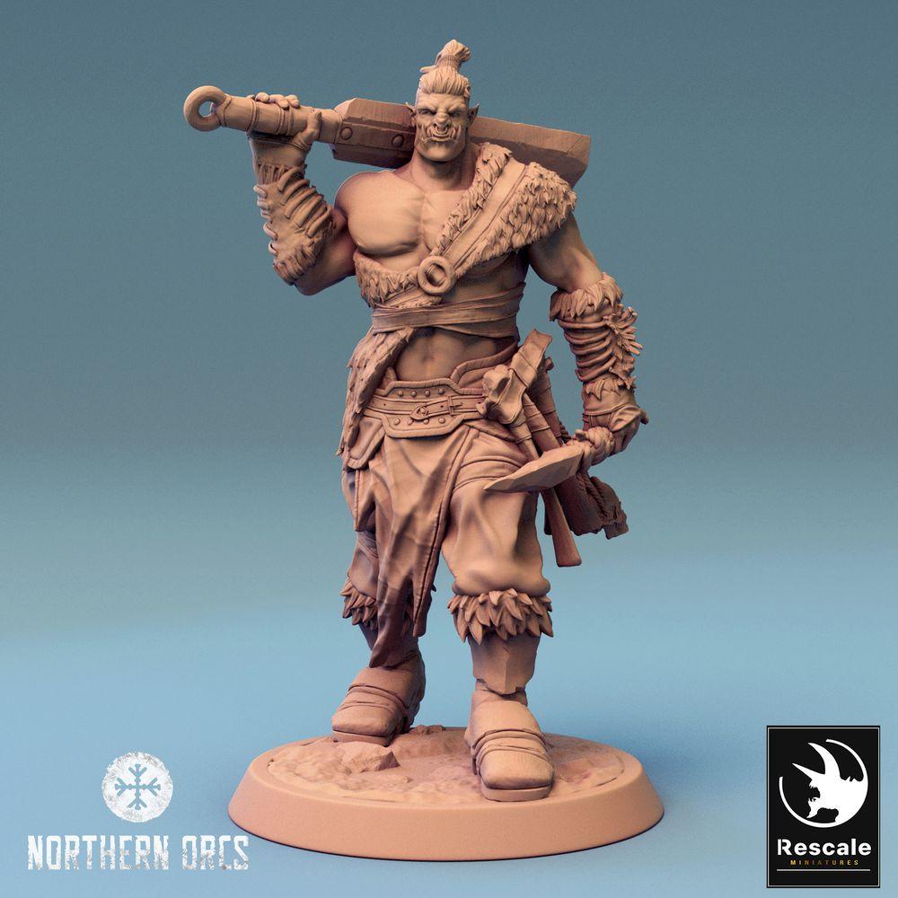 Photo de produit Tabletop 28mm Lord of the Print (LotP) 0 : Miniature Tabletop : Guerrier Ork avec canon à main et hache, artilleur barbare, champion de bande, Guerrier Orc (24_04_J3)