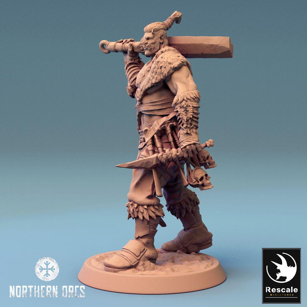 Photo de produit Tabletop 28mm Lord of the Print (LotP) 0 : Miniature Tabletop : Guerrier Ork avec canon à main et hache, canonier barbare, champion de bande, Guerrier Orc (24_04_J3)