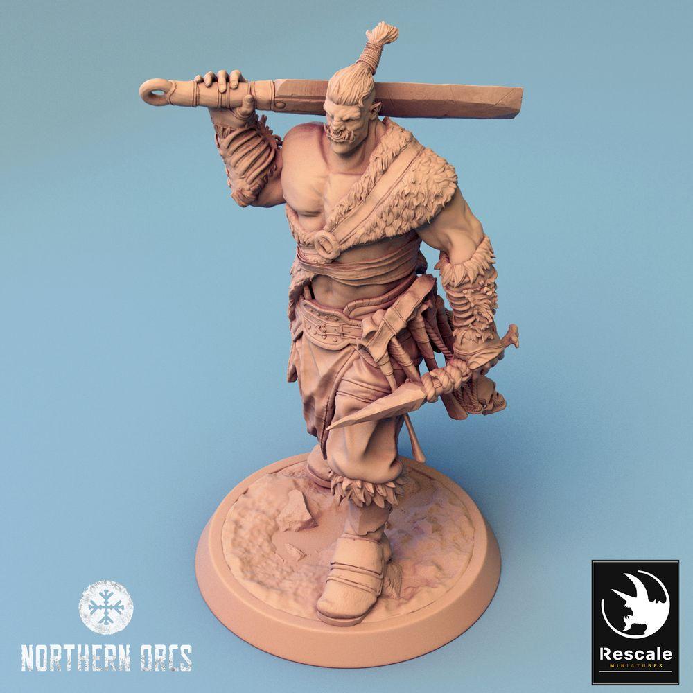 Photo du produit Tabletop 28mm Lord of the Print (LotP) 0 : Miniature Tabletop : Guerrier Ork avec canon à main et hache, canonier barbare, champion de bande de guerre, Guerrier Orc (24_04_J3)