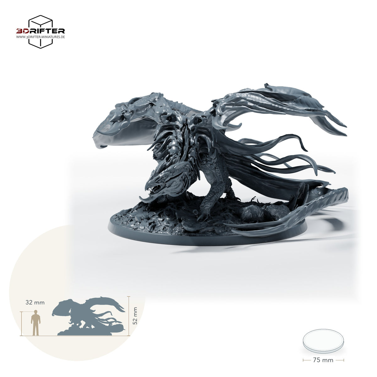 Ausgewachsener Schattendrache: Größenvergleich, ca. 52 mm Gesamthöhe inklusive Base und höchstem Teil, mit 32-mm-Referenzfigur.