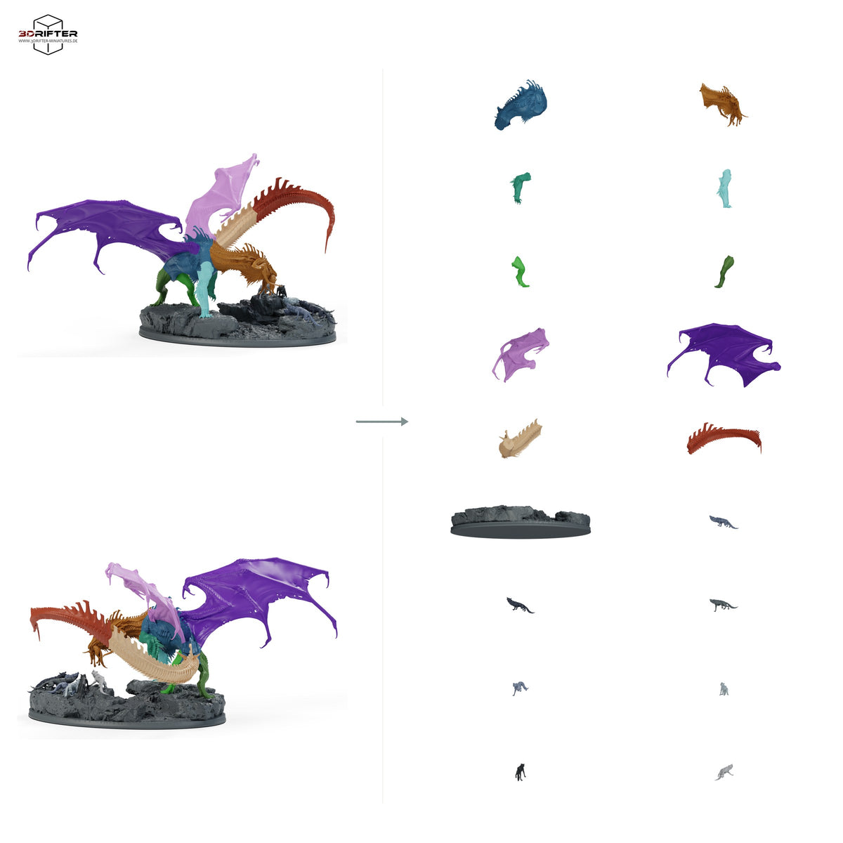 Black Dragon Hunt – Schwarzer Drache mit Jagdhunden auf szenischer Felsenbase: Bauteilübersicht mit Vorder- und Rückansicht sowie 18 farblich markierten Einzelteilen.