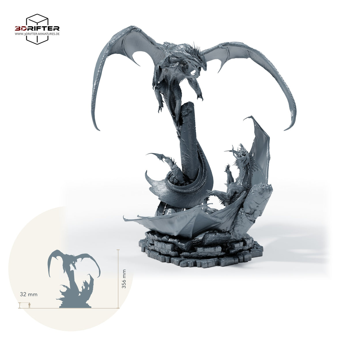 Hollow Eclipse Drachen-Diorama – Drachen-Duell im Luftkampf über Felszacken – Bossmonster, Endgegner, Großmodell, Display-Miniatur für Tabletop und Wargaming: Größenvergleich, ca. 356 mm Gesamthöhe inklusive Base und höchstem Teil, mit 32-mm-Referenzfigur.