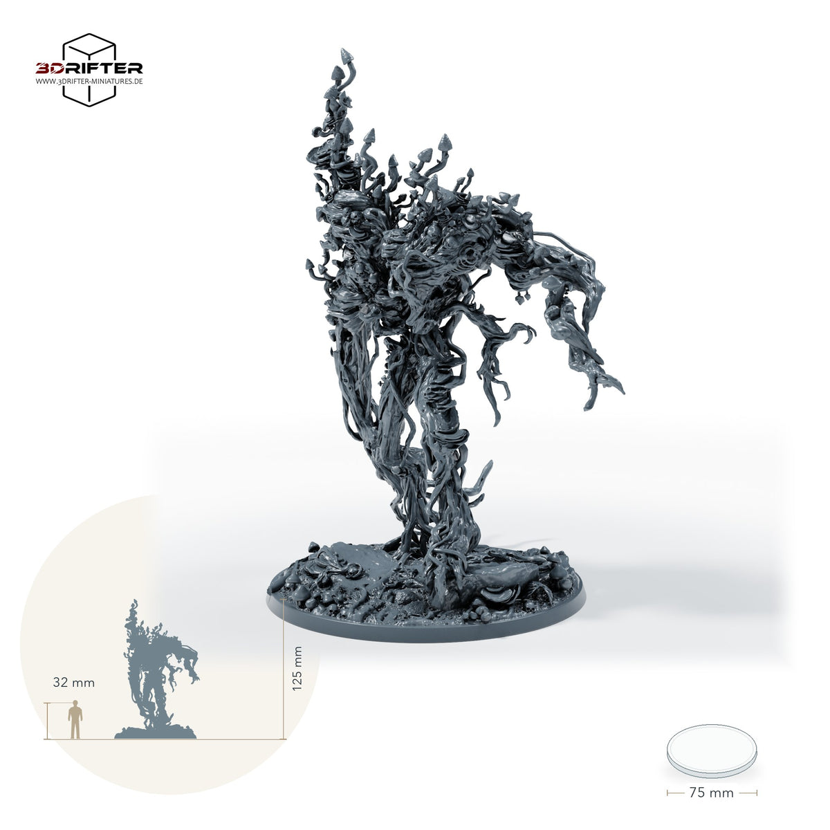 Violet Fungus Titan – Violetter Pilzkoloss, Sporen-Titan, Pflanzen-Golem, Waldhorror Boss-Monster: Größenvergleich, ca. 125 mm Gesamthöhe inklusive Base und höchstem Teil, mit 32-mm-Referenzfigur.