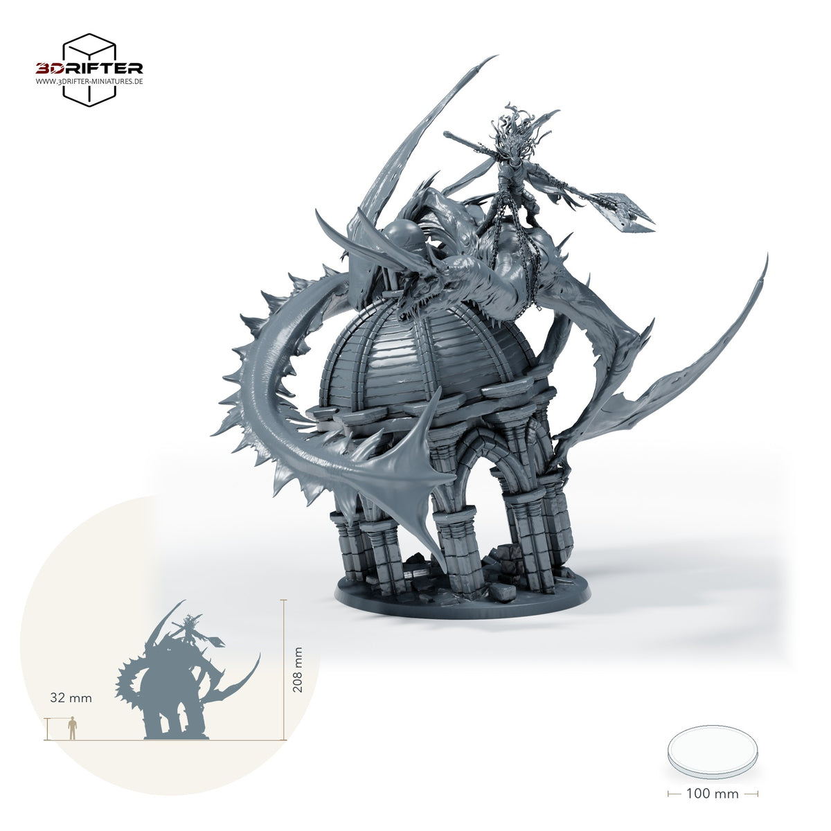Verfluchter Drache – Mit Reiter: Größenvergleich, ca. 208 mm Gesamthöhe inklusive Base und höchstem Teil, mit 32-mm-Referenzfigur.