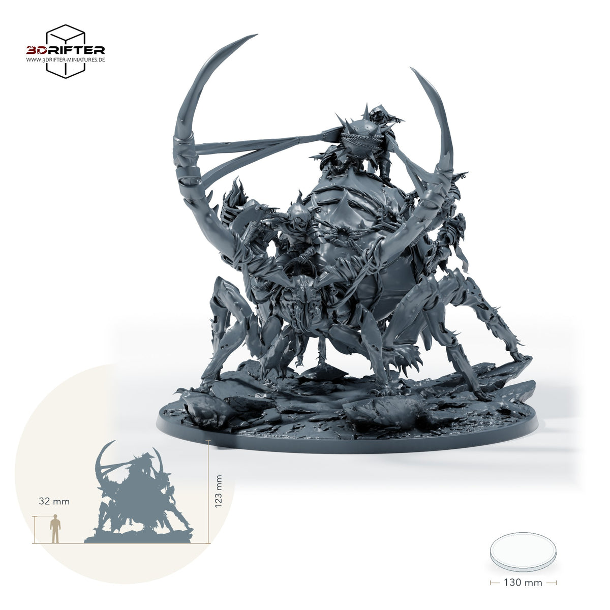 Goblin-Belagerungsbestie – Mit Reiter: Größenvergleich, ca. 123 mm Gesamthöhe inklusive Base und höchstem Teil, mit 32-mm-Referenzfigur.