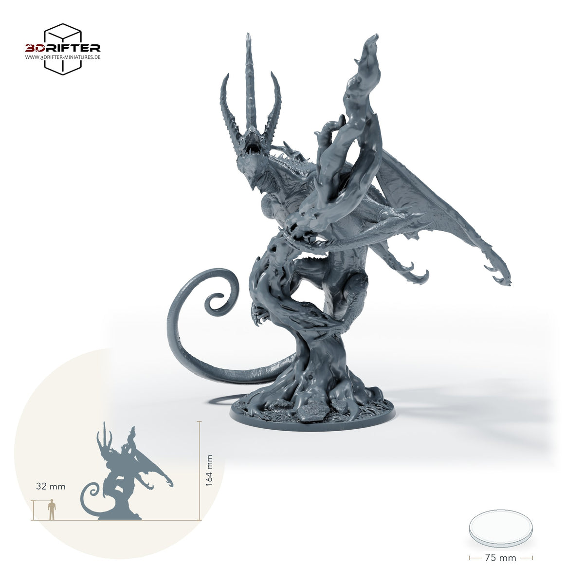 Ausgewachsener Chamäleondrache auf Baumstamm – Ohne Zunge: Größenvergleich, ca. 164 mm Gesamthöhe inklusive Base und höchstem Teil, mit 32-mm-Referenzfigur.
