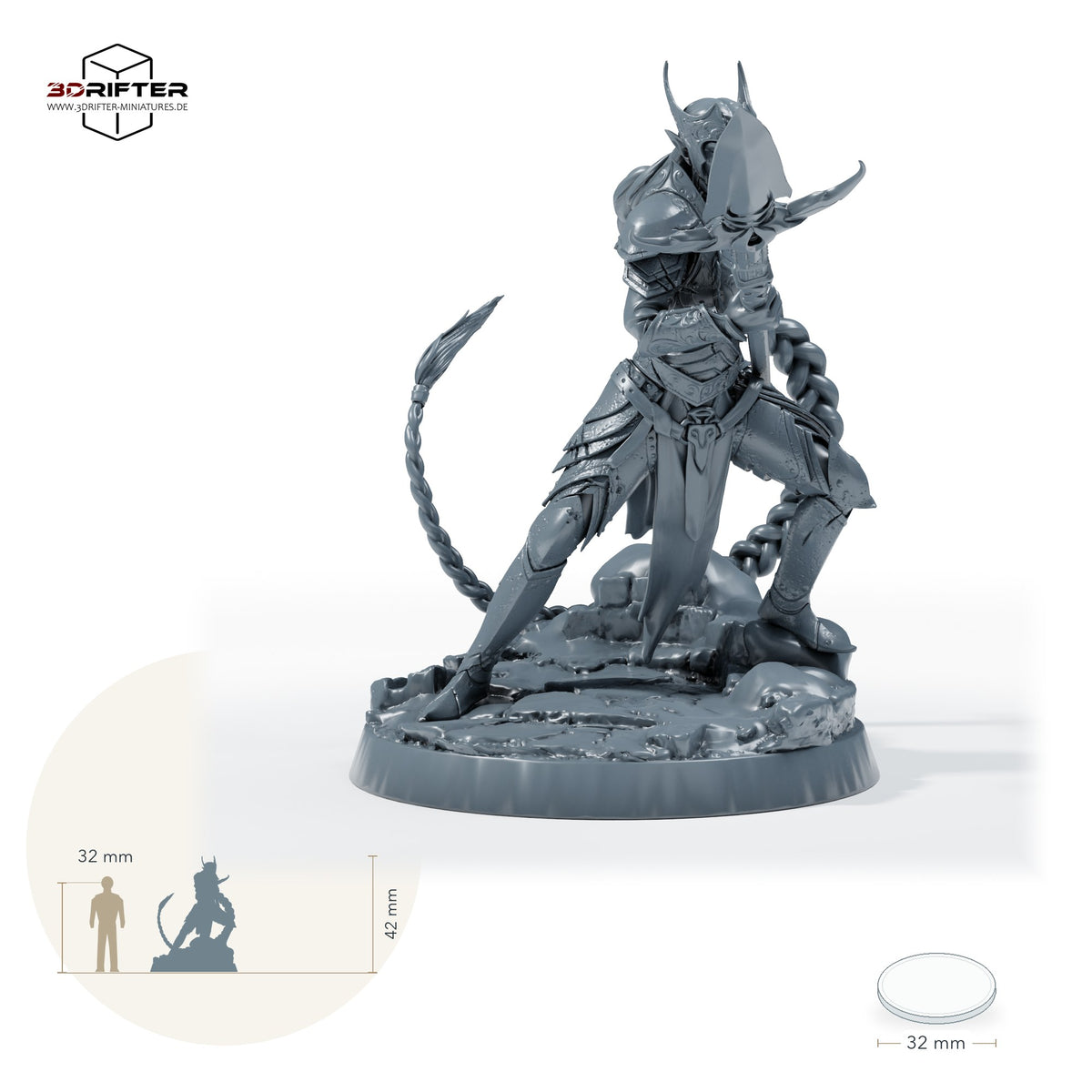Gepanzerte Speerkriegerin – A: Größenvergleich, ca. 42 mm Gesamthöhe inklusive Base und höchstem Teil, mit 32-mm-Referenzfigur.