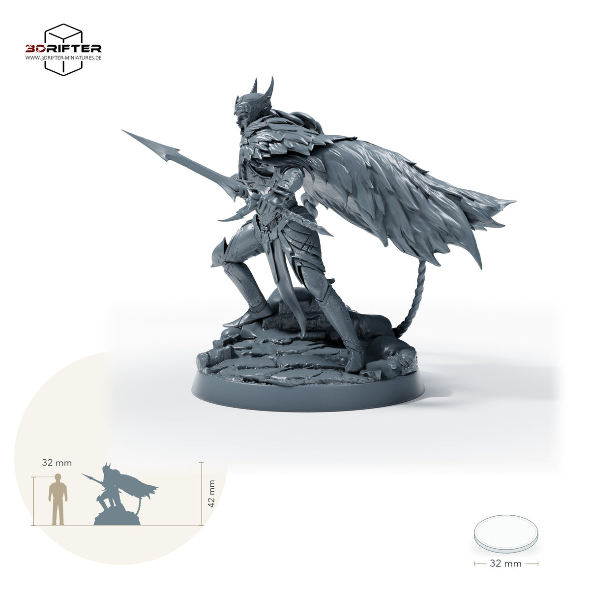 Gepanzerte Schwertkämpferin – Mit Schwert: Größenvergleich, ca. 42 mm Gesamthöhe inklusive Base und höchstem Teil, mit 32-mm-Referenzfigur.