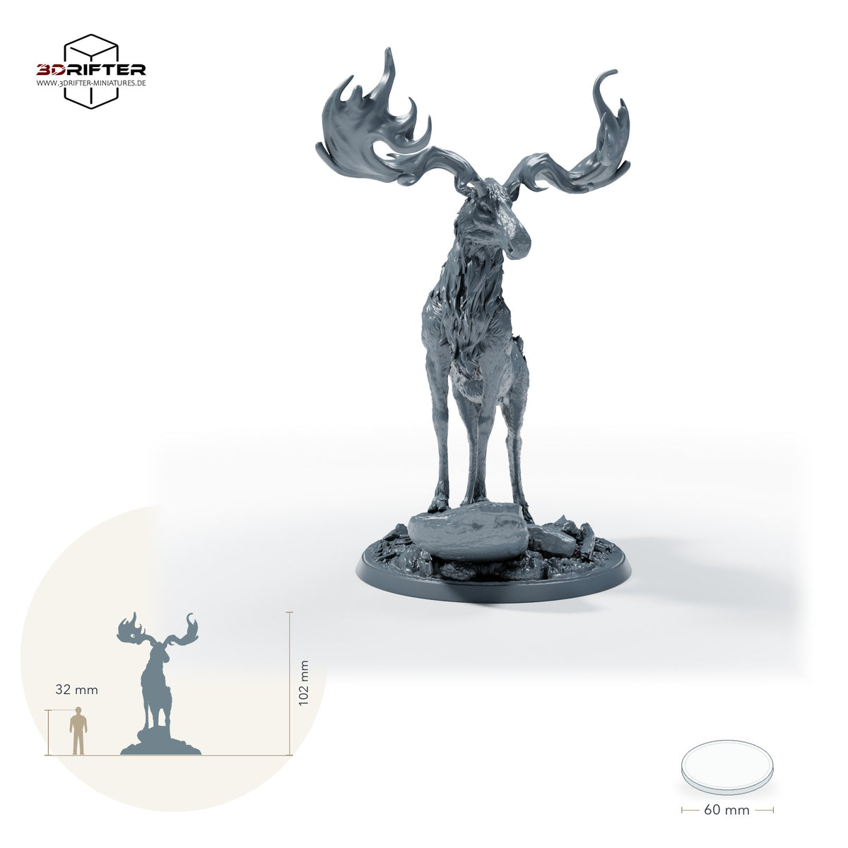 Hirschreiterin mit Speer – Ohne Reiter: Größenvergleich, ca. 102 mm Gesamthöhe inklusive Base und höchstem Teil, mit 32-mm-Referenzfigur.
