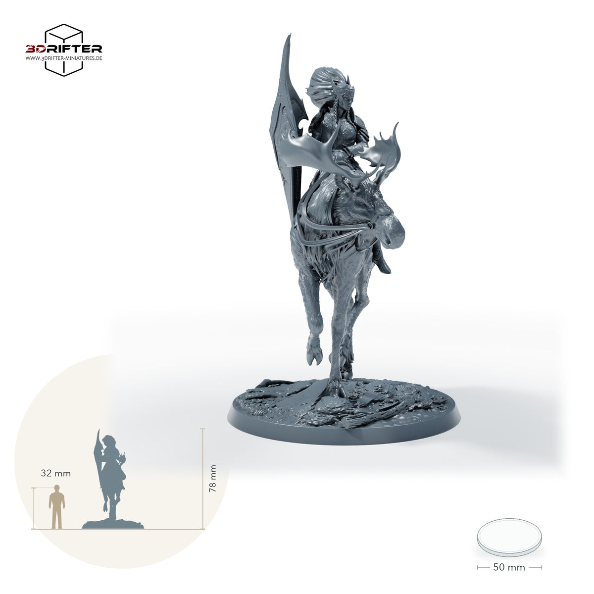 Elchreiterin mit Schild – Mit Reiter: Größenvergleich, ca. 78 mm Gesamthöhe inklusive Base und höchstem Teil, mit 32-mm-Referenzfigur.