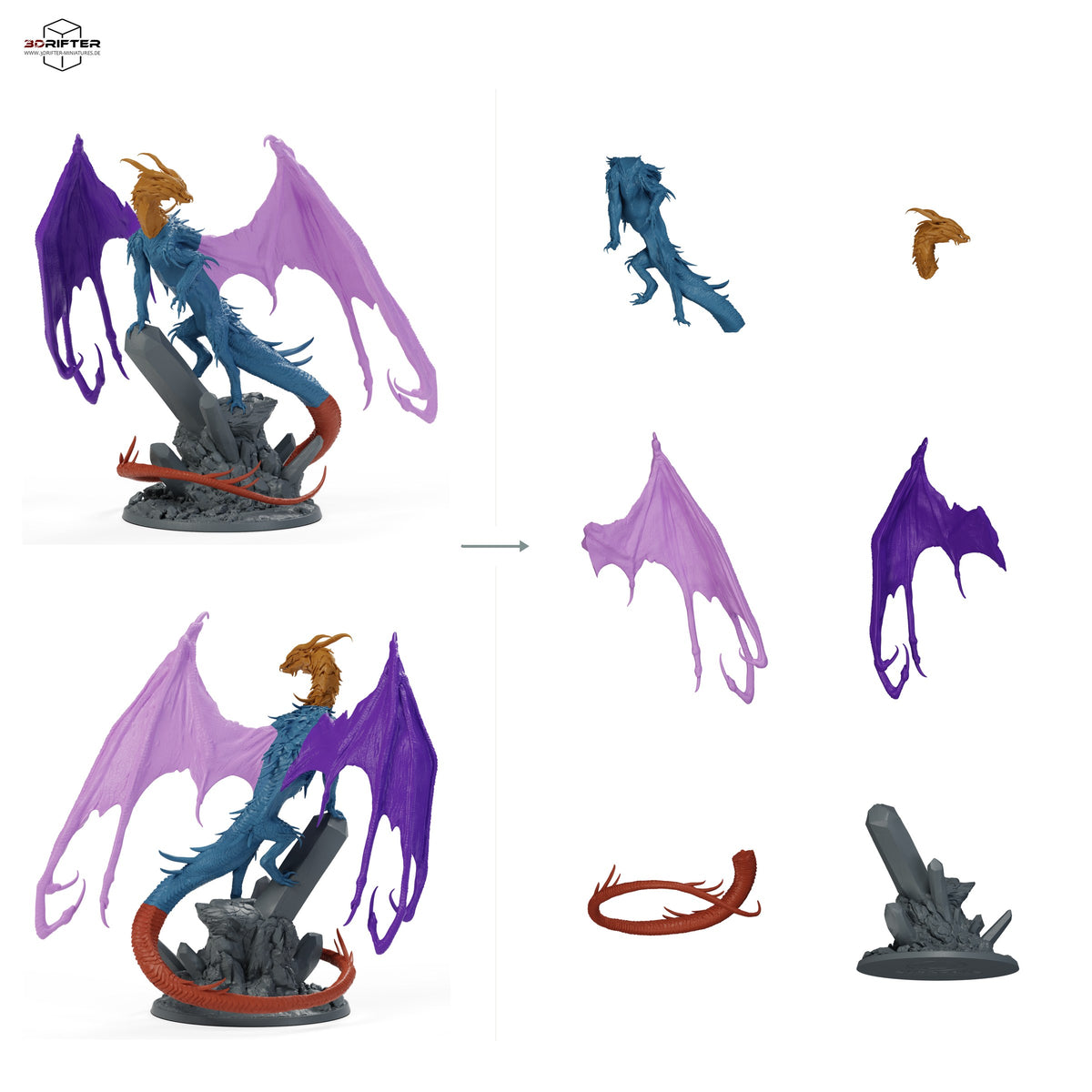 Ausgewachsener Smaragddrache mit ausgebreiteten Flügeln auf Kristallfels-Base, Tabletop Drachenminiatur: Bauteilübersicht mit Vorder- und Rückansicht sowie 6 farblich markierten Einzelteilen.