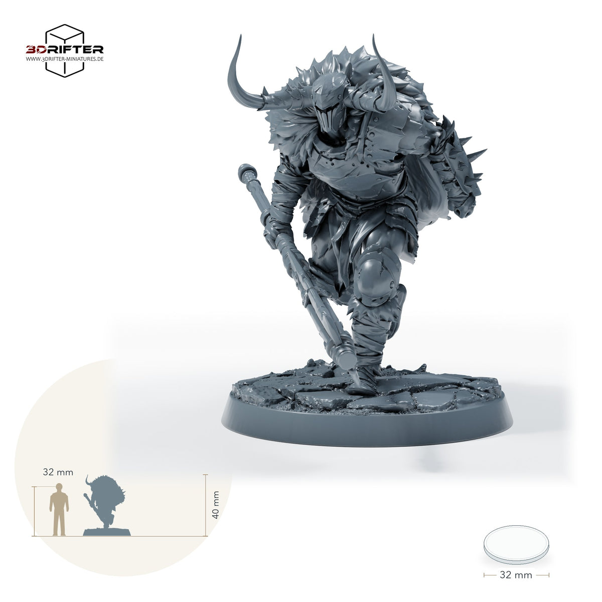 Doom Ravager, gepanzerter Berserker mit Langschwert und Hörnerhelm – A: Größenvergleich, ca. 40 mm Gesamthöhe inklusive Base und höchstem Teil, mit 32-mm-Referenzfigur.