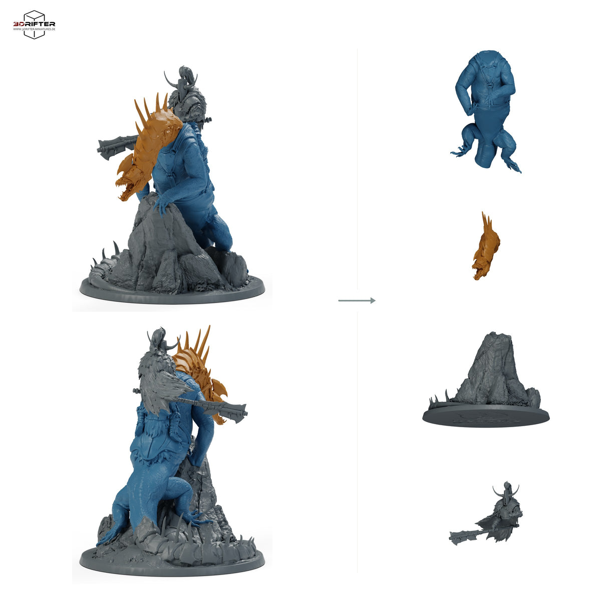 Gepanzerter Bestienreiter mit Streitaxt, Fantasy Kavallerist auf gepanzertem Reitmonster, Iron Scale Ravager – B: Bauteilübersicht mit Vorder- und Rückansicht sowie 4 farblich markierten Einzelteilen.