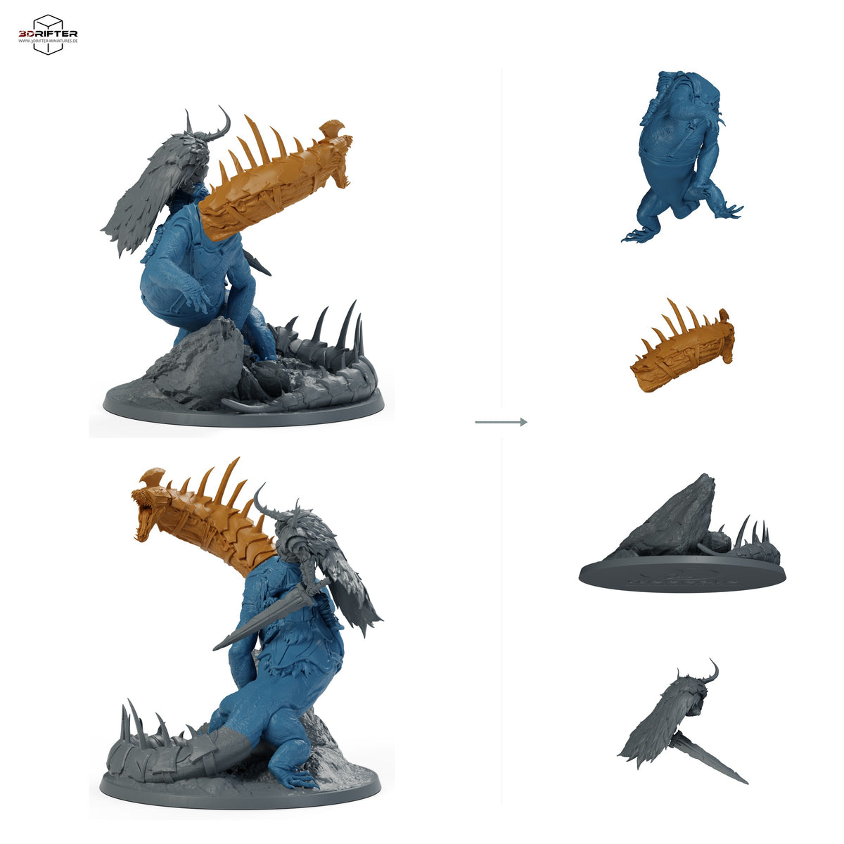 Gepanzerter Bestienreiter mit Streitaxt, Fantasy Kavallerist auf gepanzertem Reitmonster, Iron Scale Ravager – C: Bauteilübersicht mit Vorder- und Rückansicht sowie 4 farblich markierten Einzelteilen.