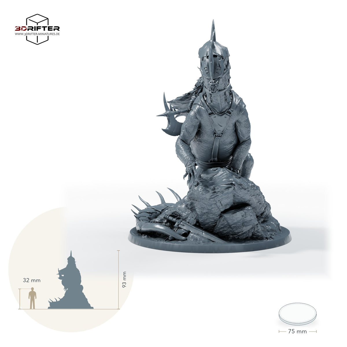 Gepanzerter Bestienreiter mit Streitaxt, Fantasy Kavallerist auf gepanzertem Reitmonster, Iron Scale Ravager – D: Größenvergleich, ca. 93 mm Gesamthöhe inklusive Base und höchstem Teil, mit 32-mm-Referenzfigur.