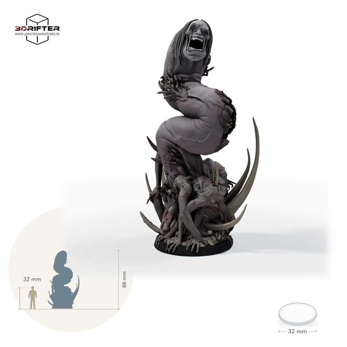 False Hydra mit 32-mm-Base, vielköpfiges Schlangen-Monster: Größenvergleich, ca. 88 mm Gesamthöhe inklusive Base und höchstem Teil, mit 32-mm-Referenzfigur.
