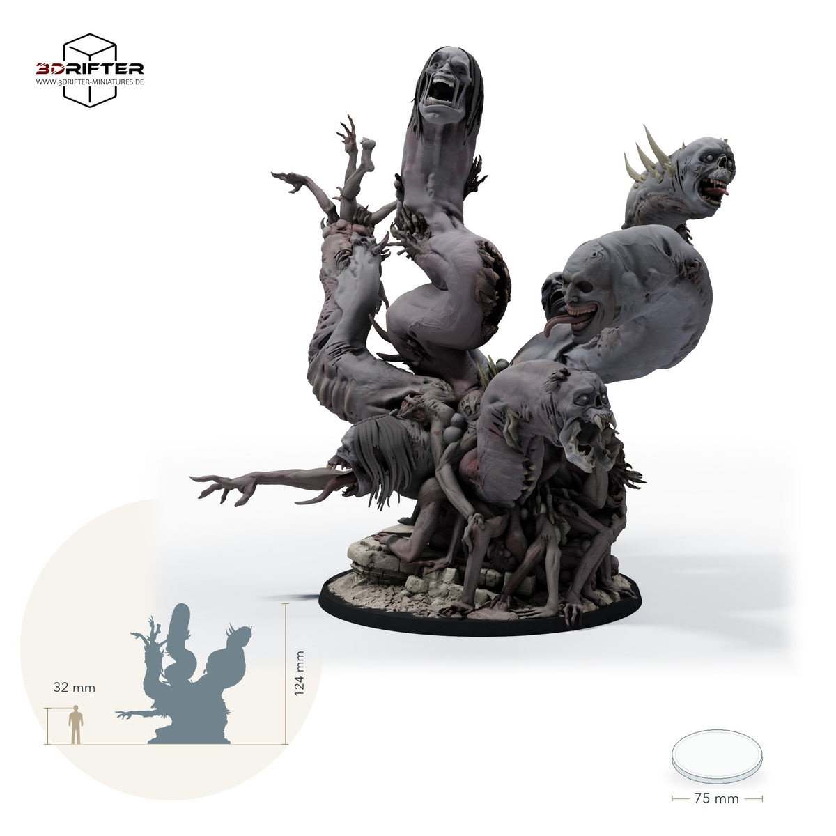 False Hydra 75mm, vielköpfiges Schlangen-Monster: Größenvergleich, ca. 124 mm Gesamthöhe inklusive Base und höchstem Teil, mit 32-mm-Referenzfigur.