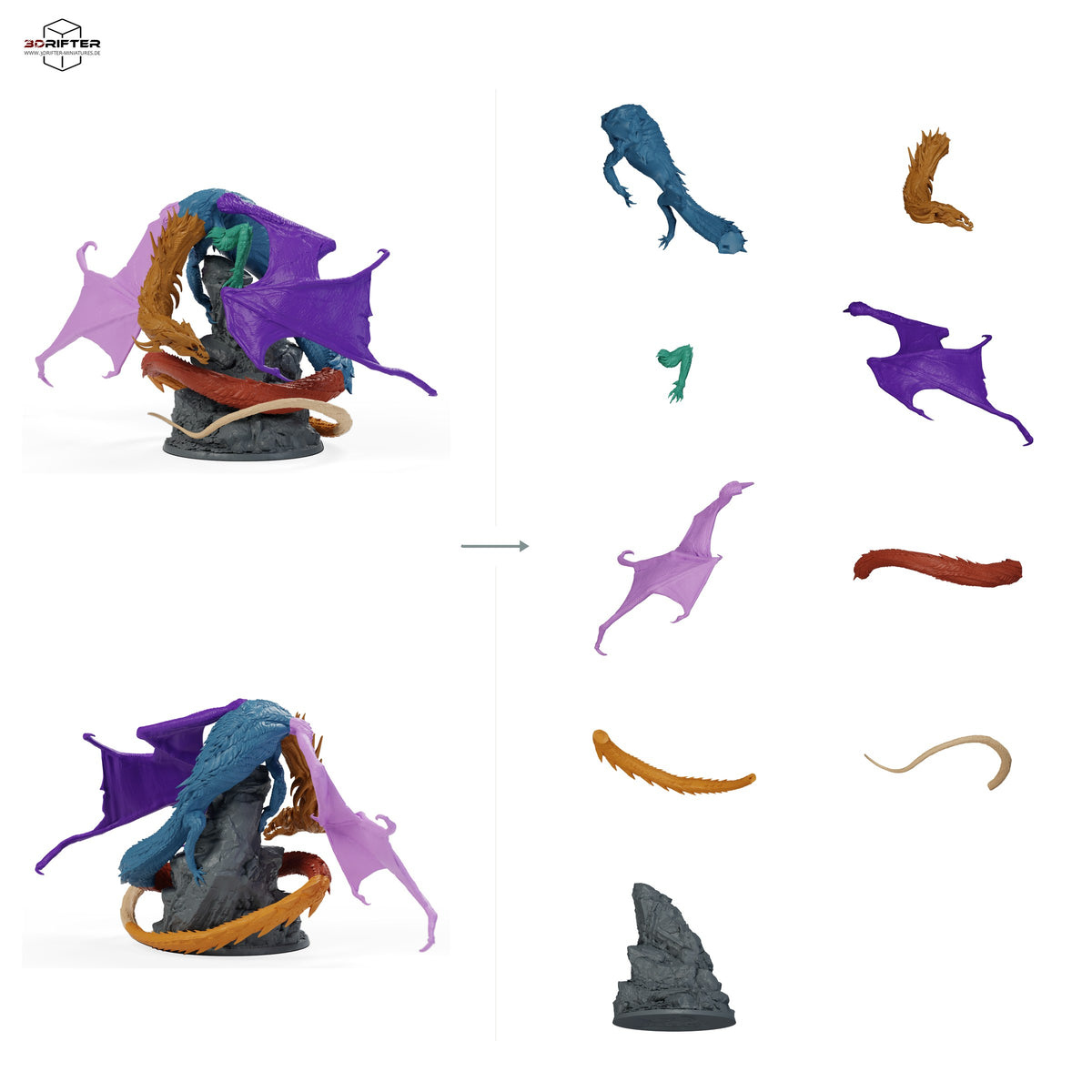 Erwachsener Geisterdrache, geflügeltes Drachenmonster mit Totenkopf und Schatzbase: Bauteilübersicht mit Vorder- und Rückansicht sowie 9 farblich markierten Einzelteilen.