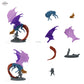 Roter Dracolich, untoter Skelettdrache im Angriff mit Axtkrieger, Drachenmonster, Fantasy Figur (Red Dracolich Attack): Bauteilübersicht mit Vorder- und Rückansicht sowie 7 farblich markierten Einzelteilen.