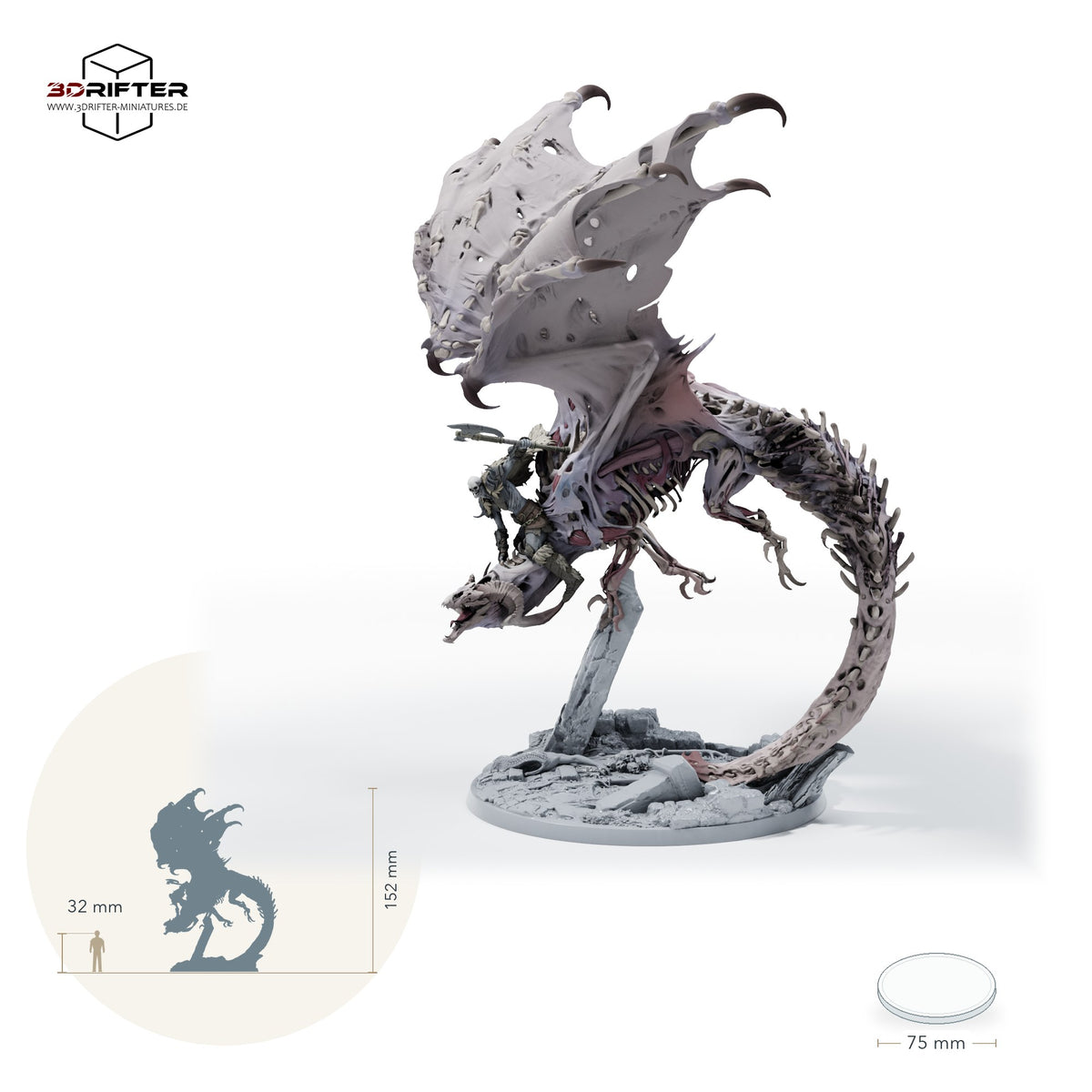 Roter Dracolich – beritten – fünf Posen – E1 – Angriff: Größenvergleich, ca. 152 mm Gesamthöhe inklusive Base und höchstem Teil, mit 32-mm-Referenzfigur.