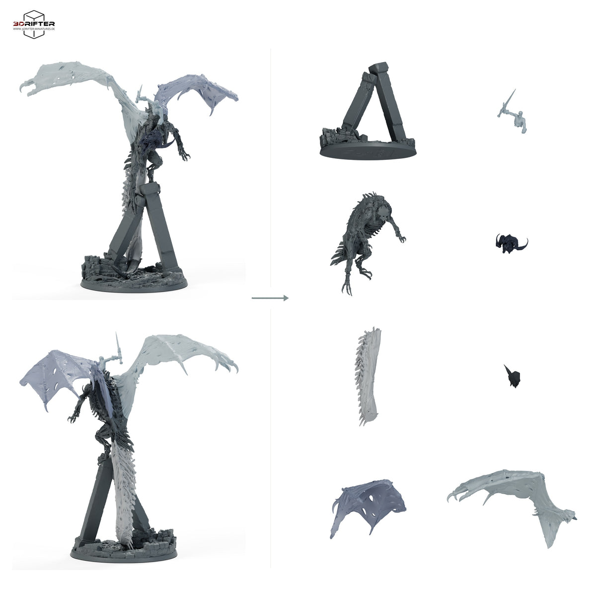 Roter Dracolich – beritten – fünf Posen – E5 – Stehend: Bauteilübersicht mit Vorder- und Rückansicht sowie 8 farblich markierten Einzelteilen.