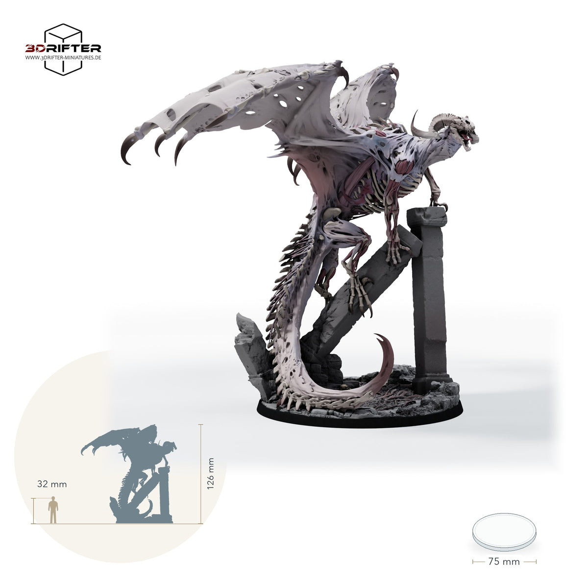 Roter Dracolich – unberitten – fünf Posen – E2 – Schrei: Größenvergleich, ca. 126 mm Gesamthöhe inklusive Base und höchstem Teil, mit 32-mm-Referenzfigur.