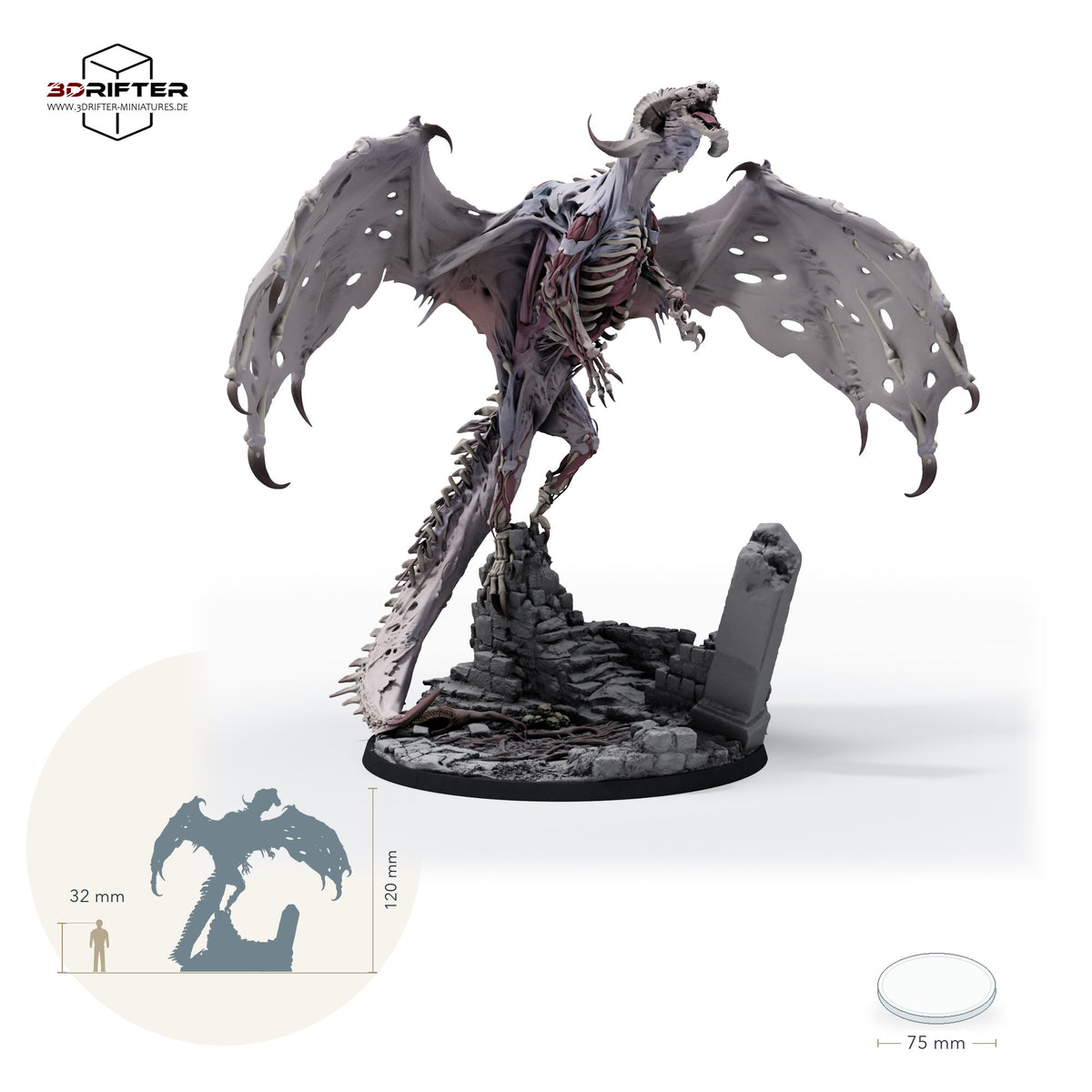 Roter Dracolich – unberitten – fünf Posen – E3 – Flug: Größenvergleich, ca. 120 mm Gesamthöhe inklusive Base und höchstem Teil, mit 32-mm-Referenzfigur.