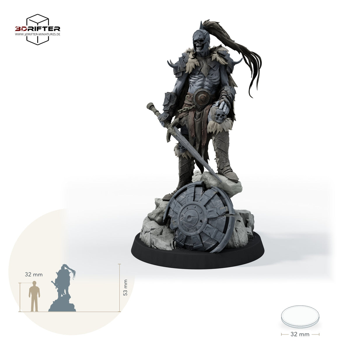 Untoter Revenant-General, Skelettkrieger mit Schwert und Rüstung: Größenvergleich, ca. 53 mm Gesamthöhe inklusive Base und höchstem Teil, mit 32-mm-Referenzfigur.