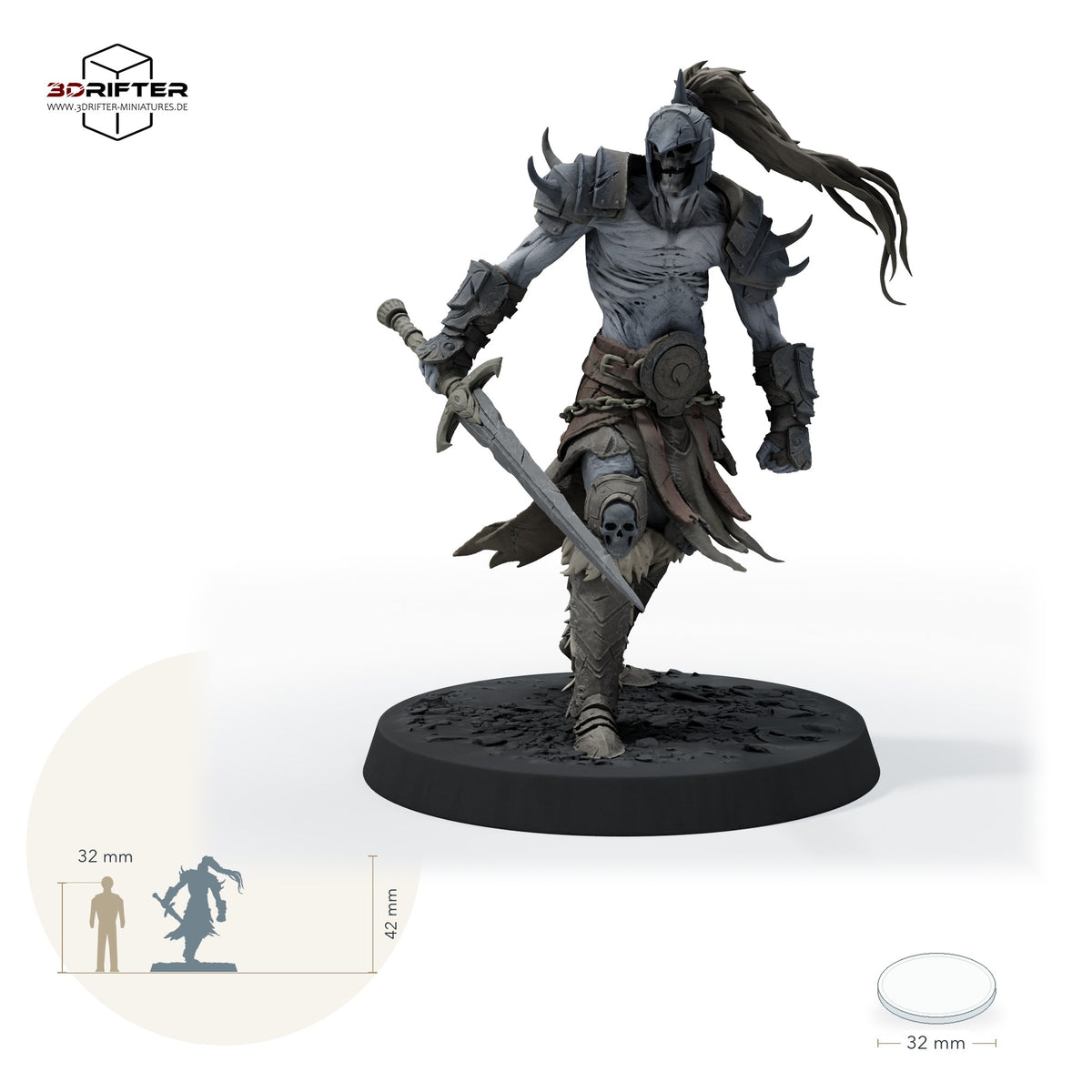 Untoter Krieger mit Schwert – Gehend A: Größenvergleich, ca. 42 mm Gesamthöhe inklusive Base und höchstem Teil, mit 32-mm-Referenzfigur.