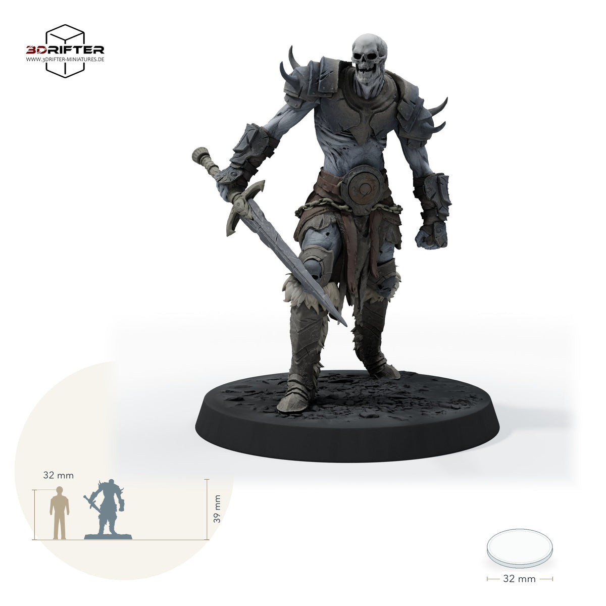 Untoter Krieger mit Schwert – Gehend B: Größenvergleich, ca. 39 mm Gesamthöhe inklusive Base und höchstem Teil, mit 32-mm-Referenzfigur.
