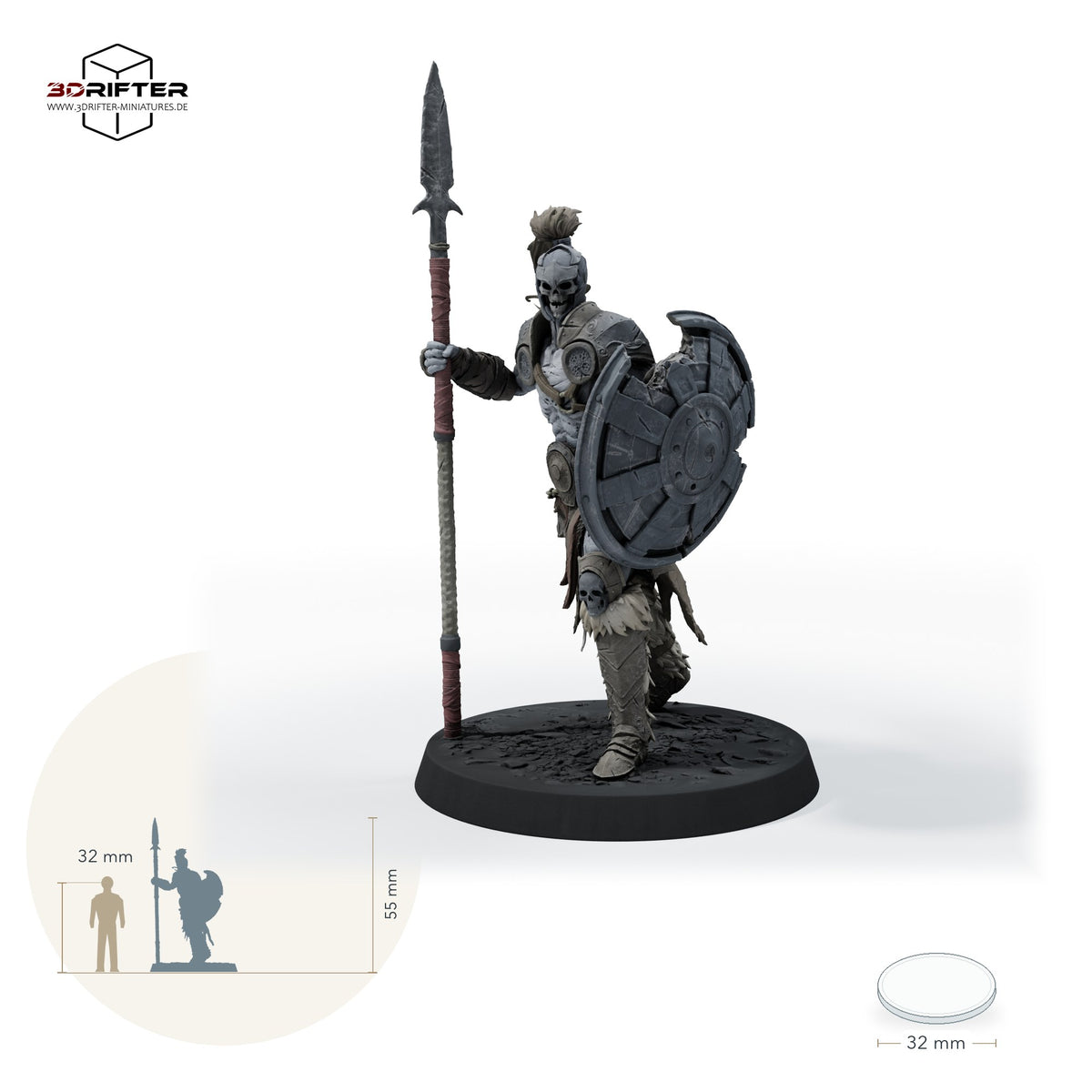 Untoter Krieger mit Speer – Stehend B: Größenvergleich, ca. 55 mm Gesamthöhe inklusive Base und höchstem Teil, mit 32-mm-Referenzfigur.