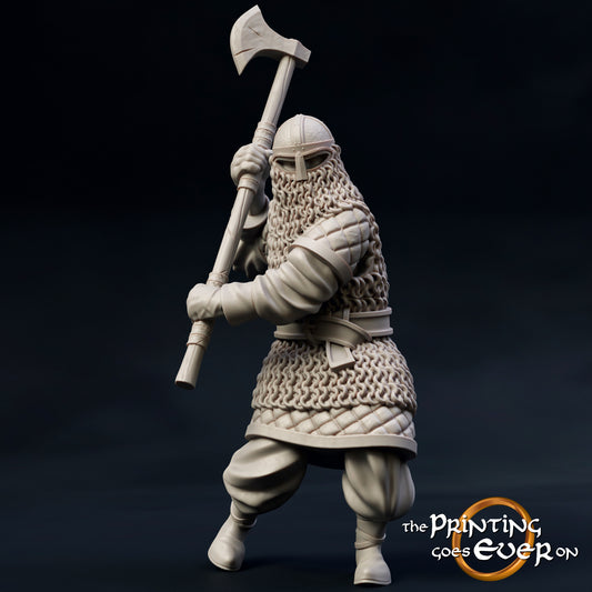 Photo du produit figurine historique médiévale échelle 75mm The Printing Goes Ever On (TPGEO) 0 : Figurines de chevaliers médiévaux combattants à la hache - modèles 75mm - guerriers de la marche