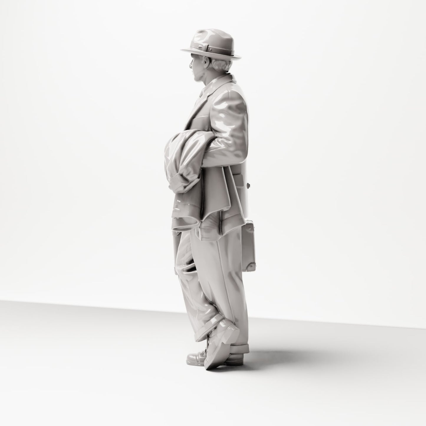 Diorama modélisme photo produit 1 : Figurine historique : Jeune voyageur en costume en tweed avec chapeau, valise, manteau sur le bras (sc03)