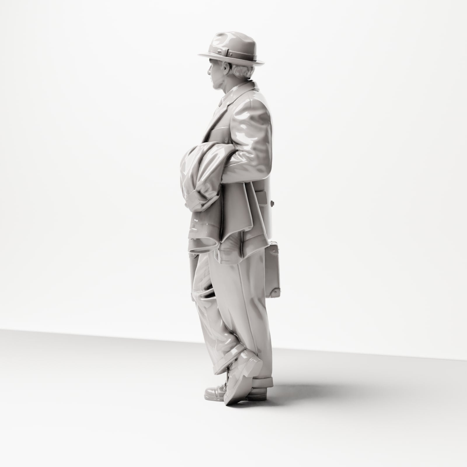 Diorama modélisme photo produit 1 : Figurine historique : Jeune voyageur en costume en tweed avec chapeau, valise, manteau sur le bras (sc03)