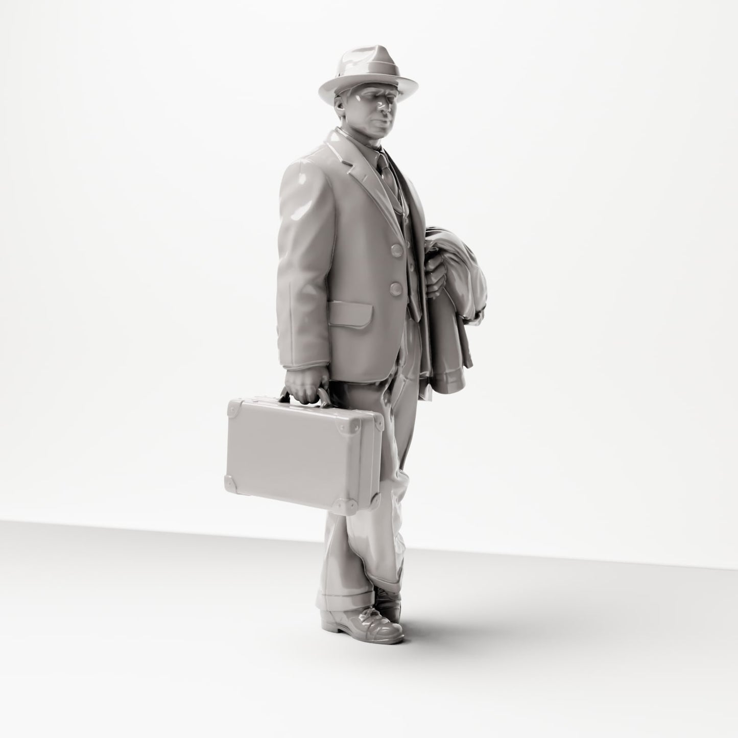 Diorama modélisme photo produit 4 : Figurine historique : Jeune voyageur en costume en tweed avec chapeau, valise, manteau sur le bras (sc03)