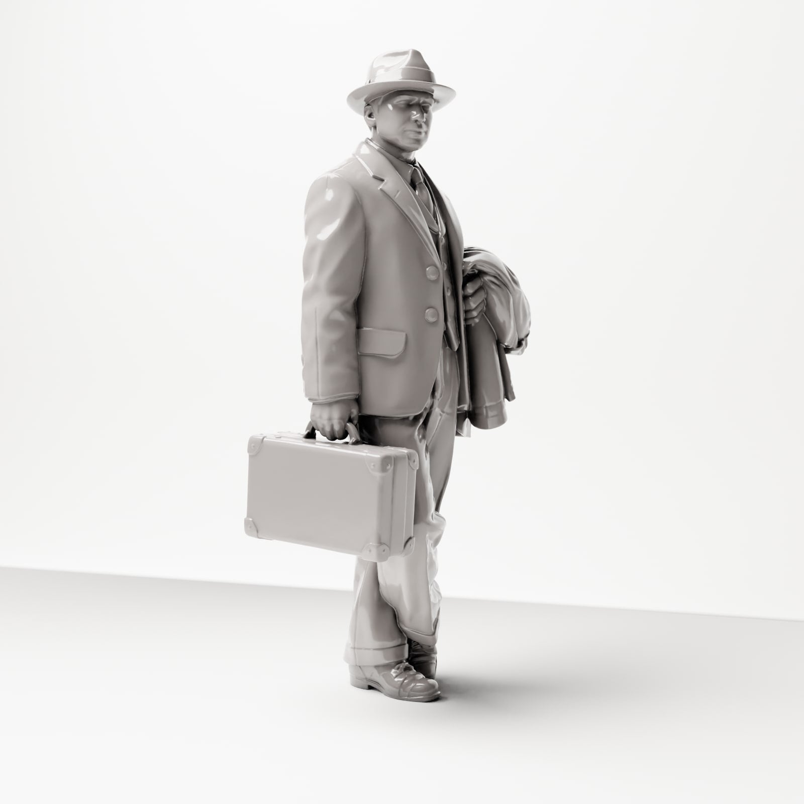 Diorama modélisme photo produit 4 : Figurine historique : Jeune voyageur en costume en tweed avec chapeau, valise, manteau sur le bras (sc03)