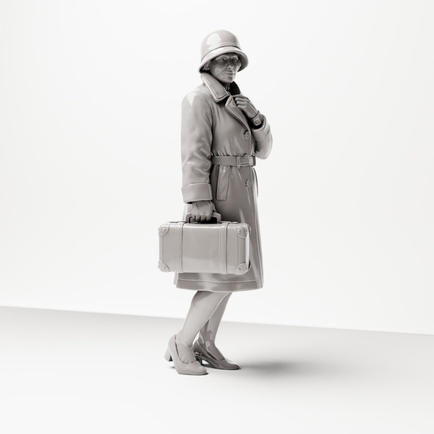 Diorama modélisme photo de produit 4 : Figurine debout : Femme voyageuse à la gare, fin des années 1920, manteau, chapeau, petite valise (sc04)