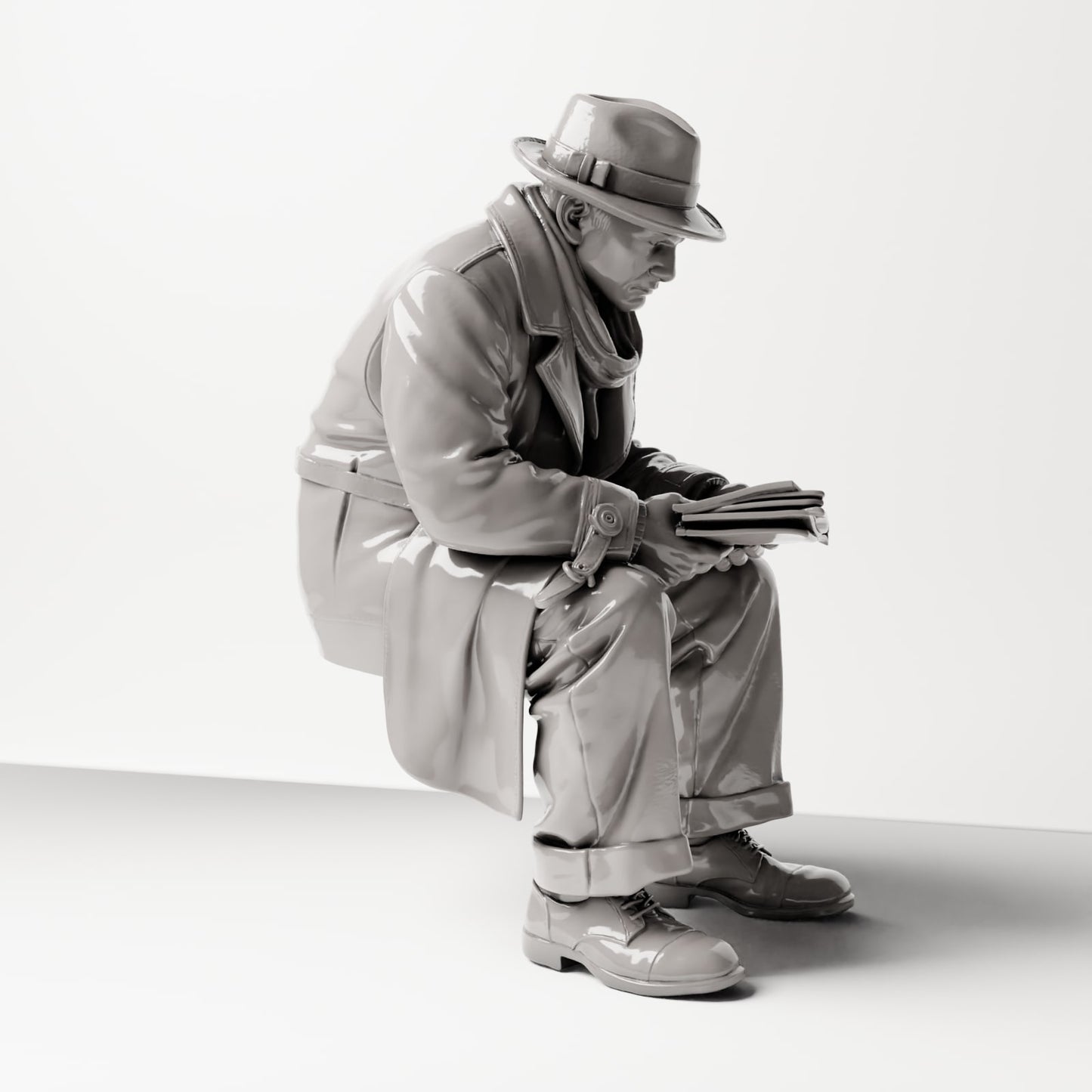 Diorama modélisme photo de produit 4 : Figurine assise : homme assis sur le bord d'un banc, voyageur des années 1920 avec un journal et un sac à bandoulière (sc07)