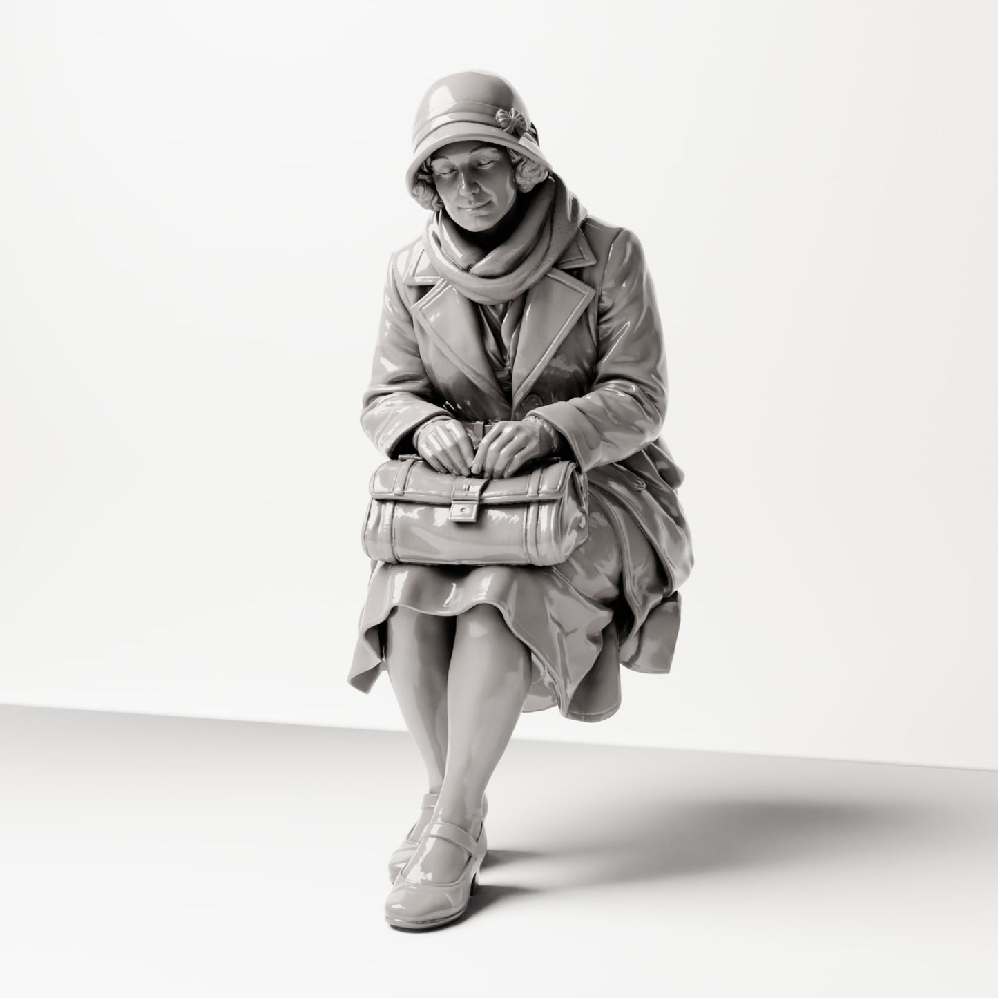 Diorama modélisme photo de produit 0 : Figurine assise : Femme assise sur le bord d'un banc avec un sac à main, années 1920-1930, salle d'attente, gare (sc08)