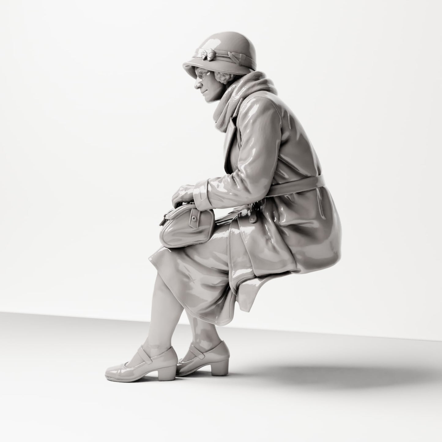 Diorama modélisme photo produit 1 : Figurine assise : Femme assise sur le bord d'un banc avec un sac à main, années 1920-1930, salle d'attente, gare (sc08)