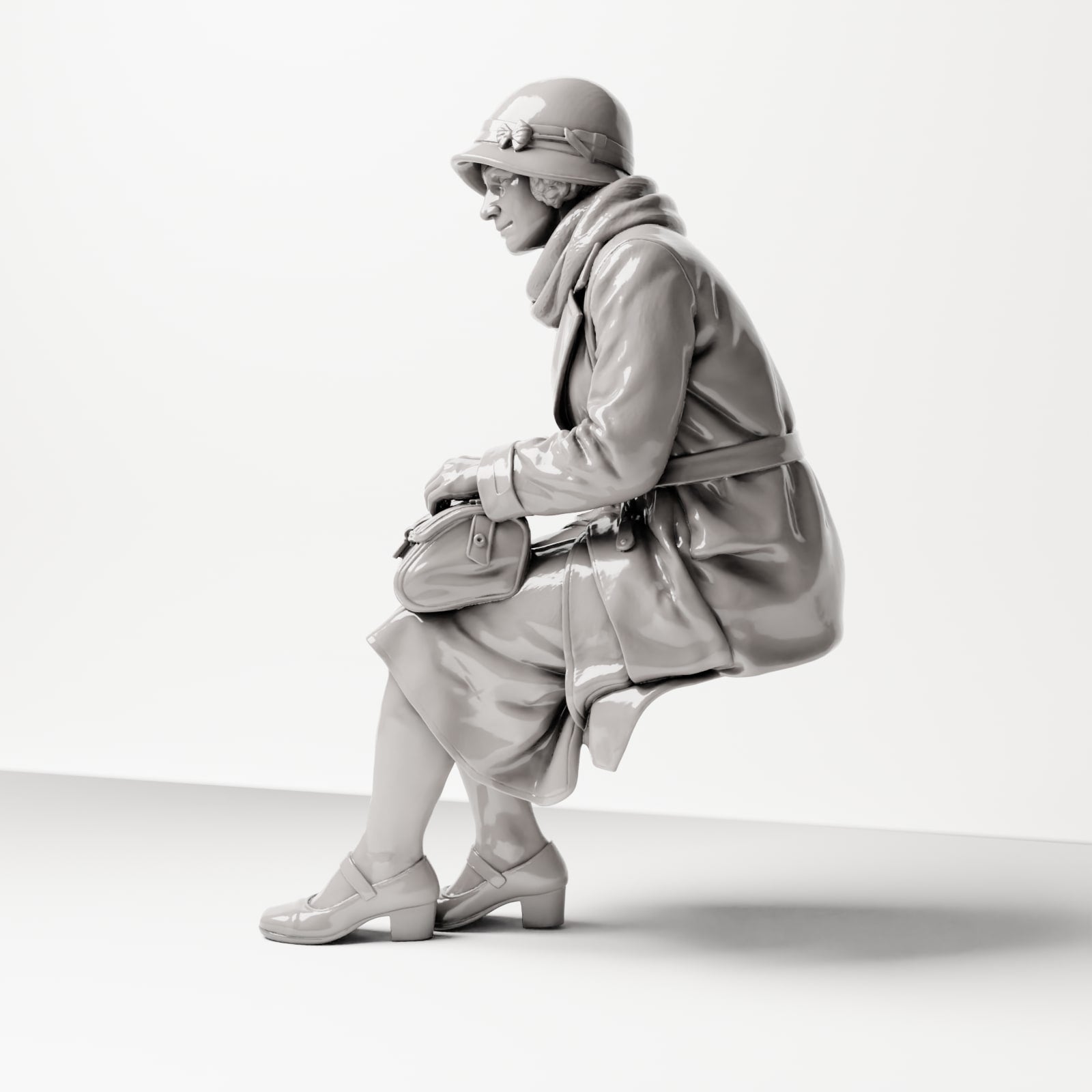 Diorama modélisme photo produit 1 : Figurine assise : Femme assise sur le bord d'un banc avec un sac à main, années 1920-1930, salle d'attente, gare (sc08)