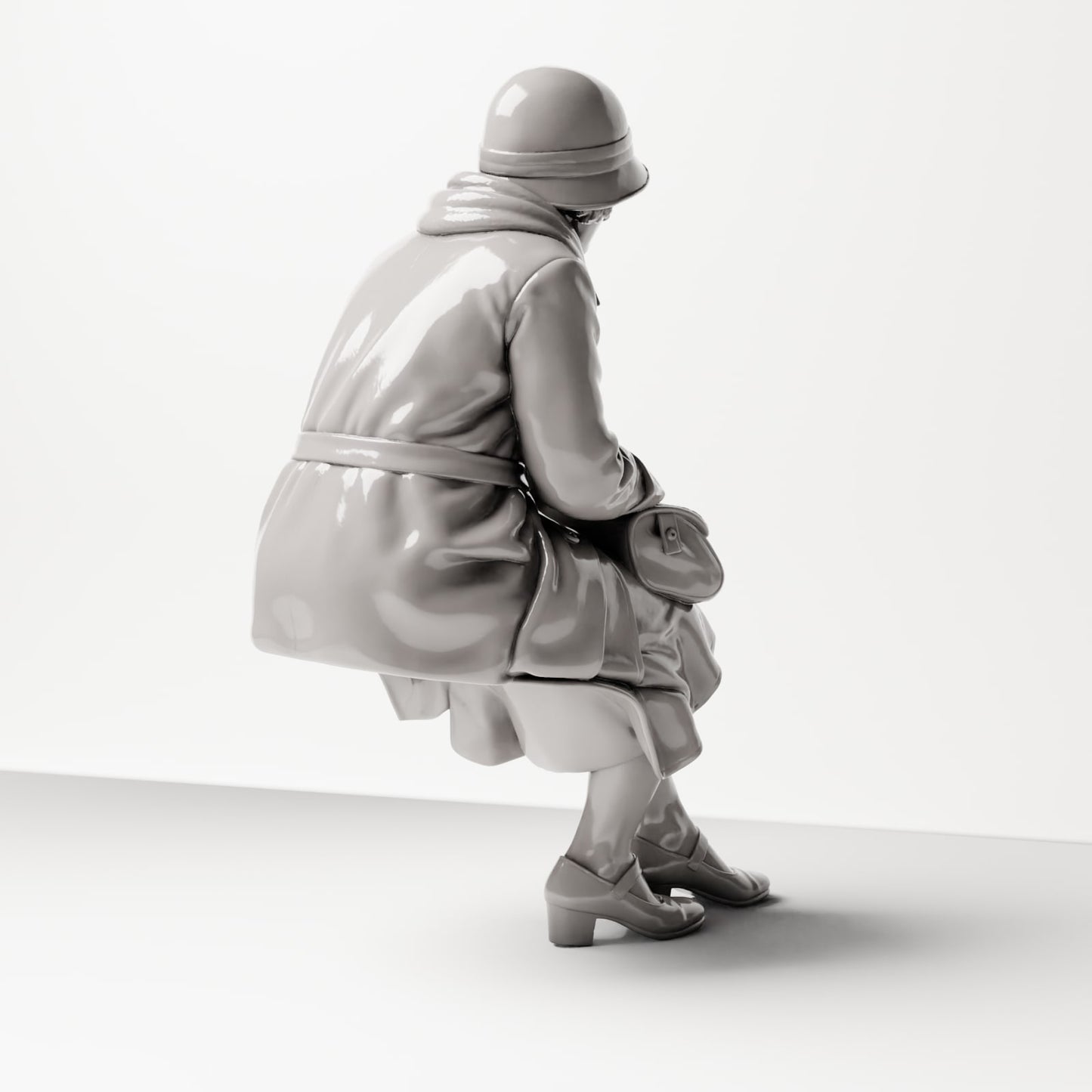 Diorama modélisme photo de produit 3 : Figure assise : Femme assise sur le bord d'un banc avec un sac à main, années 1920-1930, salle d'attente, gare (sc08)