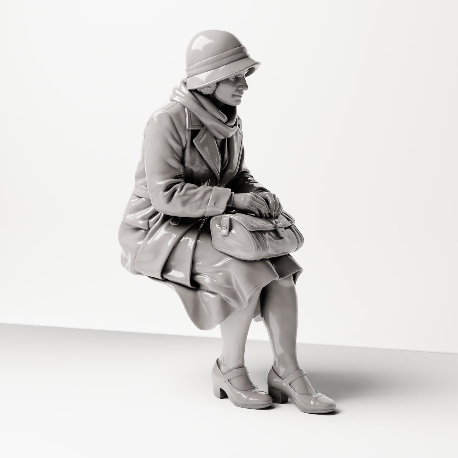 Diorama modélisme photo de produit 4 : Figurine assise : Femme assise sur le bord d'un banc avec un sac à main, années 1920-1930, salle d'attente, gare (sc08)