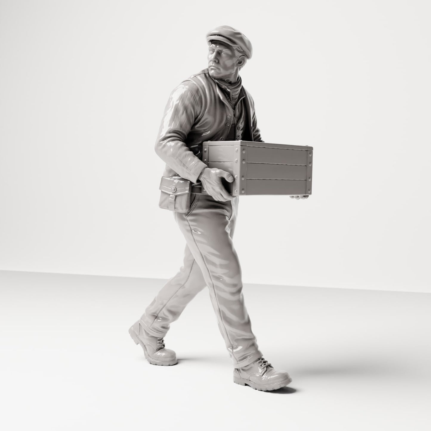 Diorama Modellbau Produktfoto 4: Historische Diorama Figur: Stevedore/Hafenarbeiter mit Holzkiste vor dem Bauch (sc12)