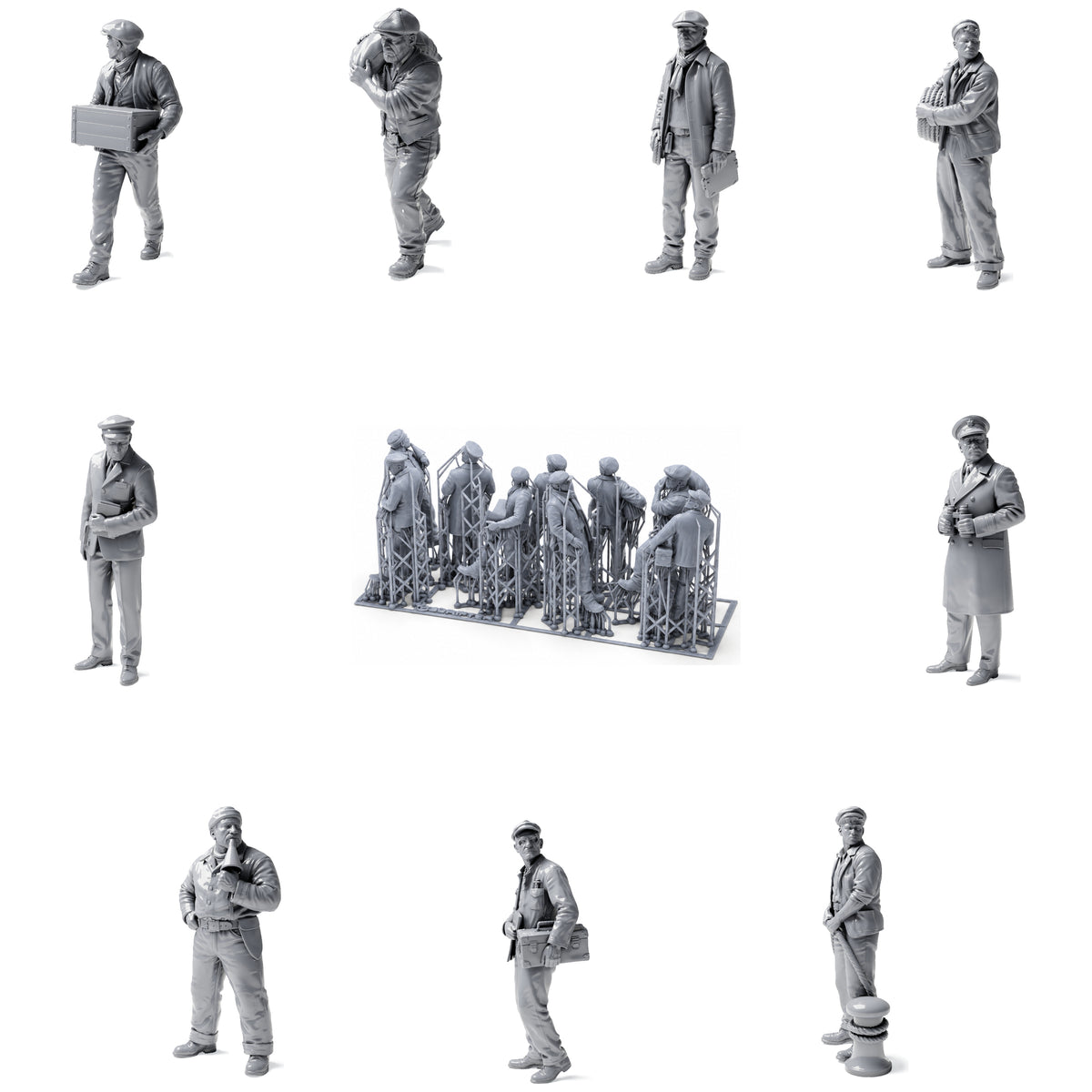 Dockers et ouvriers portuaires historiques - 9 figurines en résine non peintes en vue d’ensemble ouverte