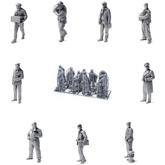 Dockers et ouvriers portuaires historiques - 9 figurines en résine non peintes en vue d’ensemble ouverte