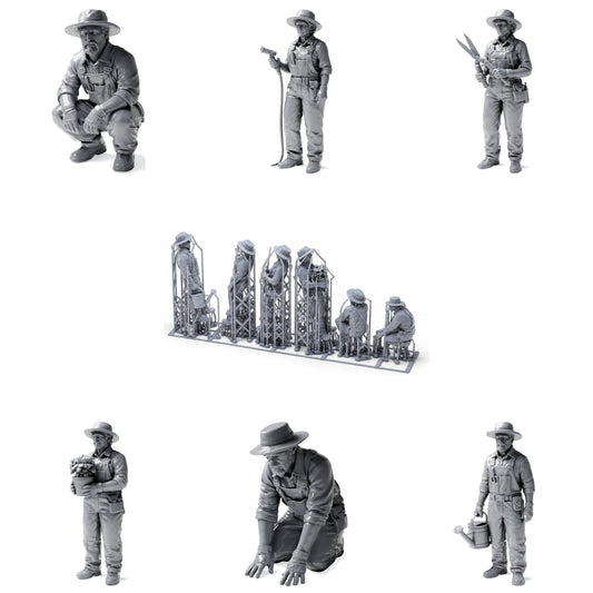 Jardinier, jardinage et vie à la campagne - 6 figurines en résine non peintes en vue d’ensemble ouverte
