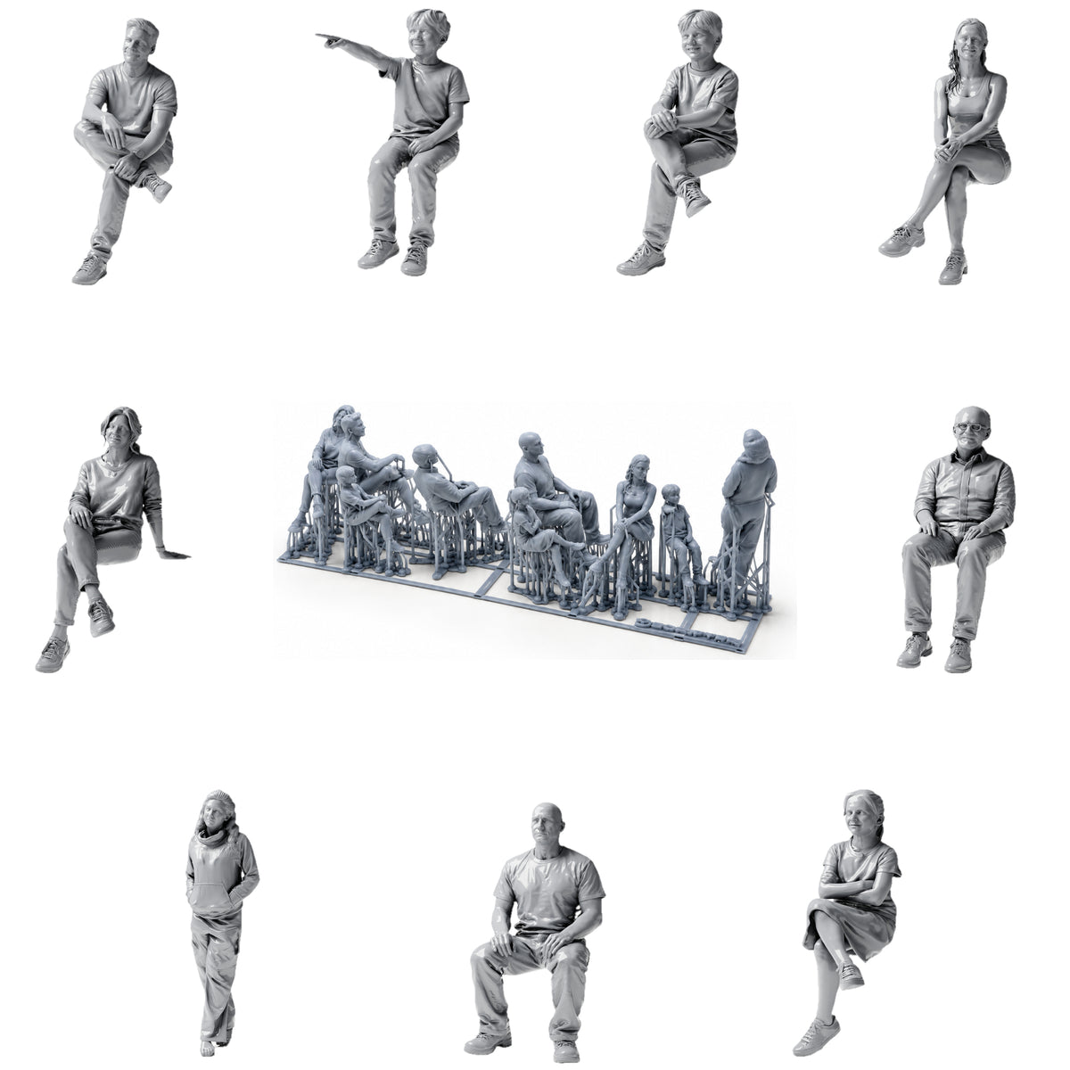Figurines assises et passants - 9 figurines en résine non peintes, présentées à découvert